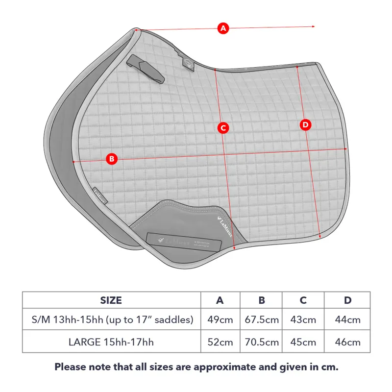 LeMieux Loire Satin Close Contact Square Size Guide